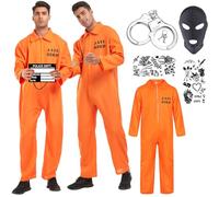 YADODO Halloween Prisoner Costume Men Adult with Handcuffs Orange Jumpsuit Prison Prisoner Outfit Fancy Dress Overalls Jail Criminal Inmate Convict Costume Men Boiler Suits for Halloween