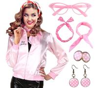YADODO Pink Ladies Jacket Grease Outfits Fancy Dress Costume Lady Jackets Adults with 1950s Accessories Women 50s Neck Scarf for Halloween (XXL)