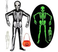 YADODO Skeleton Costume Kids Boys Girls 3-4 Glow in the Dark Skeleton Onesie Outfit Jumpsuit Kids Light up Suit with Bag Necklace Spooky Scary Halloween Skull Zombie Scream Costume for Boys Girls