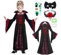 YADODO Vampire Costume Kids Girls 4-5 -6-7-8-9-10-11-12-13 Scary Halloween Vampire Dress Kids Girlswith Mask Necklac Long Gothic Royal Vampiress Vampire Outfit Fancy Dress for Girls Halloween
