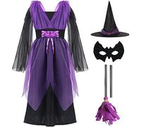 YADODO Witch Costume Kids Girls 3-4 5-6 6-7 8-9 10-11 11-12 with Broom Witch Hat Halloween Witches Costume Kids Girls Witch Outfits kids Purple Wizard Witch Fancy Dress for GirlsToddler Dress Up