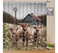 Yadshoti Highland Cattle Shower Curtains Rustic Farmhouse Windmill Barn Animal Three Cows Wooden Fence Farm Forest Scenery Country Themed Bathroom Decor Fabric Curtain Set 70 x 70 Inch with Hooks
