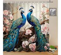Yadshoti Peacock Shower Curtains Blue Beautiful Bird Asian Pink Flower Two Peacocks Floral Plant Scenery Pattern Print Bathroom Decor Polyester Fabric Curtain Set 70 x 70 Inch with Hooks
