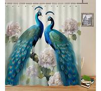 Yadshoti Peacock Shower Curtains Blue Beautiful Bird Peony Flower Green Leaves Asian Florla Plant Chinese Style Bathroom Decor Polyester Fabric Curtain Set 70 x 70 Inch with Hooks