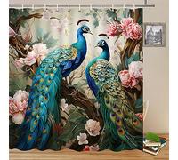 Yadshoti Peacock Shower Curtains Blue Beautiful Bird Pink Flower Two Peacocks Floral Plant Scenery Pattern Print Bathroom Decor Polyester Fabric Curtain Set 70 x 70 Inch with Hooks