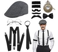 YAEGIMHT 1920s Accessories for Men, 11 PCS Gatsby Accessories, 1920s Hat Suspender Glasses Bow Tie Necktie Beard Armband Garters Pocket Watch, 20s Fancy Dress Gangster Costume for Retro Party Cosplay
