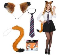 YAEGIMHT 4 Pcs Fox Costume Accessory Set, Carnival Fox Costume with Fox Ears, Headband, Fox Tail, Tie, Face Stickers, Animal Costume for Adults, Fox Dress-Up Carnival Halloween Cosplay