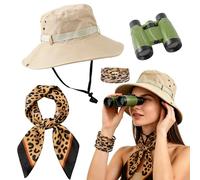 YAEGIMHT 4 Pcs Safari Costume Accessories Set, Explorer Costume Women, Including Safari Hat, Binoculars, Leopard Print Scarf & Bracelet, Zookeeper Costume for Women Dress Up, Outdoor Adventures