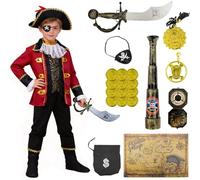 YAEGIMHT 4-Piece Pirate Costume Set for Children, 27 Pirate Accessories, Pirate Costume for Kids Includes Shirts, Trousers and Various Accessories for Pirate Captains, Party Costume for 3-6 Children