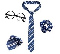 YAEGIMHT 4Pcs Wizard Costume Accessories Set - Blue Stripe Tie, Blue Hairband, Wizard Wand & Glasses, World Book Day Fancy Dress, Magic Costume, Wizard Cosplay Outfit, Kids & Adults Party Dress Up
