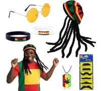 YAEGIMHT 5PCS Rasta Costume Set with Dreadlocks Hat Wig, Retro Glasses, Fake Beard, Necklace and Bracelets, Reggae Fancy Dress Accessories for Halloween Carnival Cosplay Party