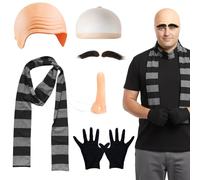 YAEGIMHT 6 Pcs Bald Head Costume Set for Adults, Carnival Cosplay for Men, Movie costume with Bald Cap Scarf Long Nose Eyebrows Gloves Bald Costume for Carnival Halloween Theme Party World Book Day