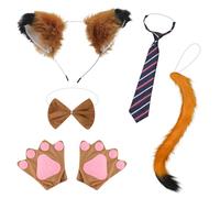 YAEGIMHT 6 Pcs Fox Costume Accessory Set, World Book Day Fox Costume Plush Fox Ears Headband Tail Brown Bow Tie Paw Gloves Striped Tie Adult Fox Carnival Halloween Cosplay World Book Day