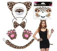 YAEGIMHT 6 Pcs Leopard Costume Set for Women Men, World Book Day Leopard Costumes with Leopard Ears Headband Tail Bow tie Nose Tattoo Gloves Animal Costume for Carnival Halloween Cosplay