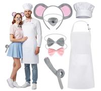 YAEGIMHT 7 Pcs Couple Mouse Costume Accessories for Men Women Mouse Chef Cosplay Costume with Chef Hat Gray Mouse Headband White Apron Bow Tie Nose Tail for World Book Day Halloween Cosplay Carnival