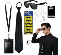 YAEGIMHT 7PCS Secret Agent Costume Accessory Set for Halloween, Spy Dress Up Kit with Black Sunglasses, Tie, ID Card Badge, Ring, Fake Beard & Earpiece for Party Cosplay