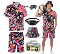 YAEGIMHT 80s 90s Fancy Dress Men, Hip Hop Shell Suit with Accessories for Adults, Retro 80s 90s Button Shirts Costume Outfits, 80s Tracksuit for Halloween Carnival Disco Party Dress Up (Black, L)