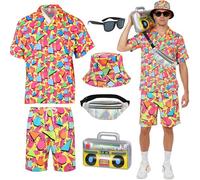 YAEGIMHT 80s 90s Fancy Dress Men, Hip Hop Shell Suit with Accessories for Adults, Retro 80s 90s Button Shirts Costume Outfits, 80s Tracksuit for Halloween Carnival Disco Party Dress Up (Red, M)