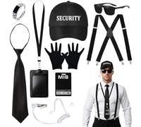 YAEGIMHT 9 Pcs Agent Costume Accessories Black Men Secret Service Cosplay Costume with SECURITY Hat Black Tie Sunglasses Ring Card Case Security Costume for World Book Day Halloween Role-Playing