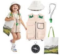 YAEGIMHT Kids Explorer Costume Set with Safari Vest Pockets, Hat, Compass, Whistle & Printed Canvas Bag, Outdoor Adventure Role Play Dress Up Outfit for Boys Girls Age 3-7, World Book Day Costume