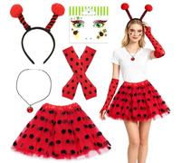 YAEGIMHT Ladybird Costume Girls Women, Red Polka Dot Tulle(40cm) Antenna Headband Gloves Necklace Sequined Face Stickers, Party Carnival Halloween Cosplay for Age 7+
