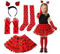YAEGIMHT Ladybird Costume Kids Girls, 4 Pcs Fairy Costume Set with Polka Dot Tutu + Arm Covers + Leg Warmers+ Ladybird Headband, Animal Dressing Up for Carnival Halloween Performance Girls 3-7 Years
