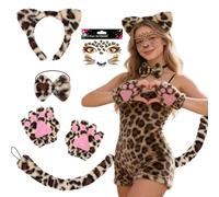 YAEGIMHT Leopard Costume for Women, Carnival Leopard Costumes with leopard Ears Headband Leopard Tail Bow Tie Tattoo Gloves Animal Costume for Women for Carnival Halloween Cosplay World Book Day