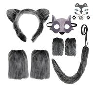YAEGIMHT Wolf Costume for Kids, Wolf Ears and Tail, Mask, Leg Warmers, Fingerless Gloves, Tattoo, 8 PCS Furry Animal Costume Dress Up Kids for Halloween Carnival Cosplay World Book Day