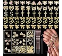 YAEISM 12 Grid Gold Nail Charms Kit - Crystal Pink Heart Sparkly Dollar Sign 3D Cross Butterfly Bowknot Charms - Y2K with Glue Gel, Tweezers for Women DIY Craft Decoration