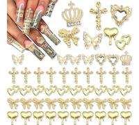 YAEISM 80PCS Gold Nail Charms Crystal Heart Nail Charm Shiny Crown Nail Charms Sparkly Butterfly Charms Alloy Gold Nail Crosses for Nail Art and DIY Crafts Decoration