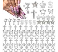 YAEISM 80PCS Silver Nail Charms 3D Star Nail Charms 7 Styles Nail Charms Cross Crystal Crown Nail Charms Shiny Dollar Sign Nail Charm Sparkly Starlight for Nail Art and DIY Crafts Decoration