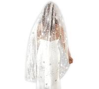 YAEISM Starry Star Bridal Veil Silver Sequins Glitter Veil Luxury Fireworks Bachelorette Party Veil Sparkly Star and Moon Tulle Fingertip Length Veils for Brides, White, Large