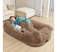 YAEM Human Dog Bed, 71"x45"x14" Beds for Humans Size Fits You and Pets, Washable Faux Fur Bed People Doze Off, Napping Orthopedic Present Plump Pillow, Blanket, Strap-Khaki
