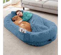 YAEM Human Dog Bed for Adult, Kids and Pets - 71"x45"x12" Dogs Beds for Humans with Washable Faux Fur Cover, Plump Pillow, Blanket, Orthopedic Design, Strap-Navy