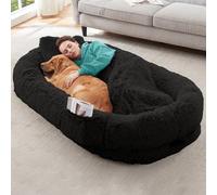 YAEM Human Dog Bed for Adult, Kids and Pets - 71"x45"x12" Dogs Beds for Humans with Washable Faux Fur Cover, Plump Pillow, Blanket, Orthopedic Design, Strap-Black