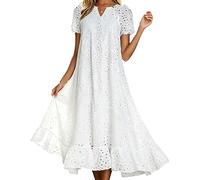 Yaepoip Women's Eyelet Lace A-Line Dress with Pockets - V Neck Cotton Hollow Out for Beach, Vacation, Wedding Guest (White,M)