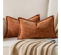 YAERTUN Chenille Cushion Covers 30x50 cm 12x20 inch Set of 2 Textured Broadside Soft Cozy Velvet Throw Pillow covers Farmhouse Boho Decorative Pillow Cases for Couch Bed Sofa Livingroom BurntBrick