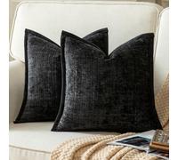 YAERTUN Pack of 2 Chenille Textured Decorative Cushion Covers Accent Solid Throw Pillow Covers Soft Cozy Pillow Case with Velvet Back for Couch Sofa Bed Living Room 16x16 Inch 40x40cm Black