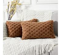 YAERTUN Pack of 2 Decorative Faux Fur Brown Sofa Cushion Covers 30cm x 50cm 12x20 Inch Solid Rectangle Throw Pillow Cases Soft Cozy Luxury Pillow Covers Couch Bed Livingroom