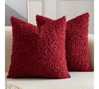 YAERTUN Pack of 2 Faux Fur Cushion Covers Decorative Sherpa Boucle Throw Pillow Covers Fuzzy Soft Sheepskin Fleece Pillowcases for Couch Sofa Bed Living Room 16x16 Inch 40x40cm Burgundy