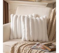 YAERTUN Set of 2 Cream White Striped Decorative Cushion Covers 26x26 Inch 65x65 cm Plush Soft Throw Pillow Case with Velvet Back Faux Rabbit Fur Pillow Covers Sofa Couch Bed Livingroom