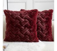 YAERTUN Set of 2 Decorative Cushion Covers Thick Plush Wool Pillows Covers Super Soft Luxury faux Rabbit Fur Velvet Throw Pillow Cases for Couch Sofa Bed Living Room 22x22 Inch 55x55 cm Burgundy