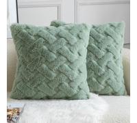 YAERTUN Set of 2 Decorative Cushion Covers Thick Plush Wool Pillows Covers Super Soft Luxury faux Rabbit Fur Velvet Throw Pillow Cases for Couch Sofa Bed Living Room 22x22 Inch 55x55 cm Sage Green