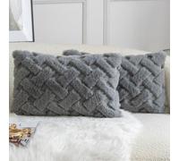 YAERTUN Set of 2 Decorative Cushion Covers Thick Plush Wool Pillows Covers Super Soft Luxury faux Rabbit Fur Velvet Throw Pillow Cases for Couch Sofa Bed Living Room 12x20 Inch 30x50 cm Grey