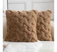YAERTUN Set of 2 Decorative Cushion Covers Thick Plush Wool Pillows Covers Super Soft Luxury faux Rabbit Fur Velvet Throw Pillow Cases for Couch Sofa Bed Living Room 16x16 Inch 40x40 cm Camel