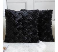 YAERTUN Set of 2 Decorative Cushion Covers Thick Plush Wool Pillows Covers Super Soft Luxury faux Rabbit Fur Velvet Throw Pillow Cases for Couch Sofa Bed Living Room 26x26 Inch 65x65 cm Black