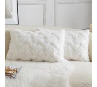 YAERTUN Set of 2 Decorative Cushion Covers Thick Plush Wool Pillows Covers Super Soft Luxury faux Rabbit Fur Velvet Throw Pillow Cases for Couch Sofa Bed Living Room 12x20 Inch 30x50 cm Cream White