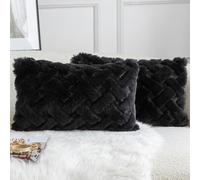 YAERTUN Set of 2 Decorative Cushion Covers Thick Plush Wool Pillows Covers Super Soft Luxury faux Rabbit Fur Velvet Throw Pillow Cases for Couch Sofa Bed Living Room 12x20 Inch 30x50 cm Black