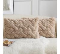 YAERTUN Set of 2 Decorative Cushion Covers Thick Plush Wool Pillows Covers Super Soft Luxury faux Rabbit Fur Velvet Throw Pillow Cases for Couch Sofa Bed Living Room 16x24 Inch 40x60 cm Oatmeal
