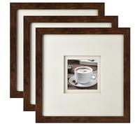 Yaetm 10x10 Square Picture Frame with Double Floating Ivory Mat 4x4, Brown Wood Grain Photo Frame with HD Tempered Glass for Wall Gallery, Home and Office, Wall Mounting, 3 Pack